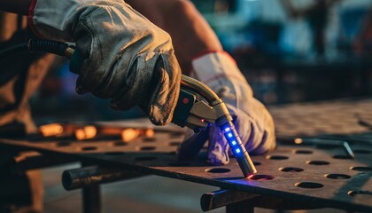 A skilled welder wearing protective gloves precisely joins metal pieces with a welding torch, creating a bright spark and intense heat.