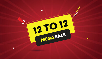 12 to 12 mega sale web banner vector art template design badge icon label yellow black gray shapes bold text dark red light sun shine abstract business background modern creative discount offer style 