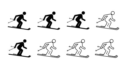 Black and white illustration depicting eight figures in various skiing poses