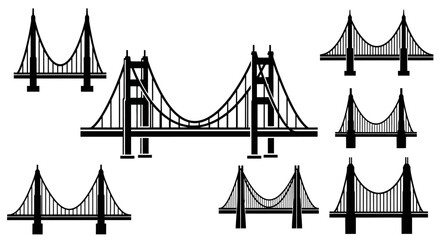 Black and white illustration depicting various suspension bridge designs