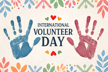 Vibrant design with colorful handprints, hearts, and leaves surrounding “International Volunteer Day” text. generative ai