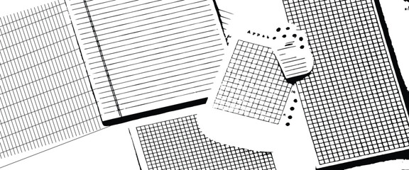 Scattered sheets of paper with lines and grids creating a chaotic yet organized monochrome pattern.