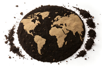 World map shaped from soil on white background, symbolizing global unity, environmental awareness, and Earth care. generative ai