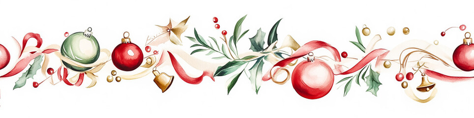 Watercolor seamless border with vintage Christmas garland made of ornaments, holly leaves and ribbons. Retro holiday design isolated on white background.