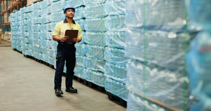 Warehouse, inspection or man with clipboard for storage check, export process or transport schedule. Logistics, quality control or worker with inventory management, shipping agenda or supply chain