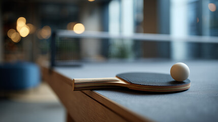 Table tennis paddle and ball resting on the edge of a table in a modern indoor setting with soft lighting Generative AI