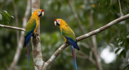 Obraz premium Pair of vibrant macaw parrots perched in lush rainforest setting wildlife