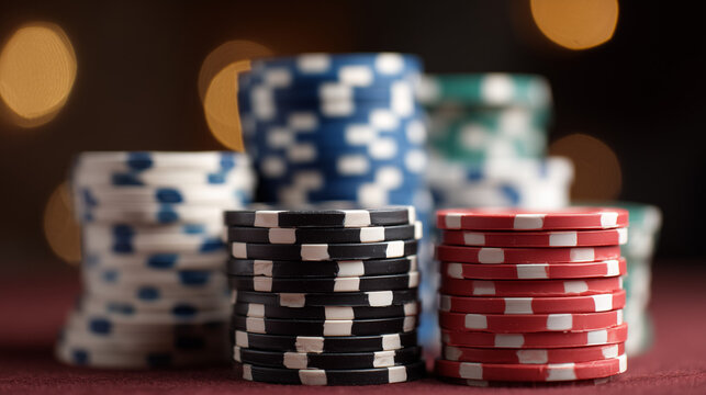 Stacks of colorful poker chips on a casino table with a blurred background in the evening light Generative AI