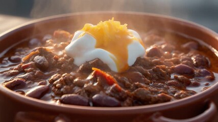 Steaming bowl of homemade chili, rich with savory meat and beans, topped with creamy sour cream and shredded cheese, offering comfort and warmth
