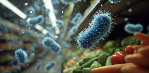 3D representation of bacteria in a grocery store environment showing contaminated vegetables and fruits with focus on safety measures Generative AI