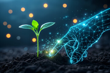 Digital hand reaching toward sprouting plant in soil, symbolizing tech-nature fusion and sustainable innovation for World Soil Day. generative ai