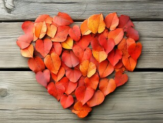 Red and orange leaves in autumn, shaped like a heart. A wooden background for fall.
