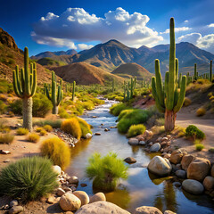 Desert creek, cacti, mountains, arid landscape on a isolated white background. PNG