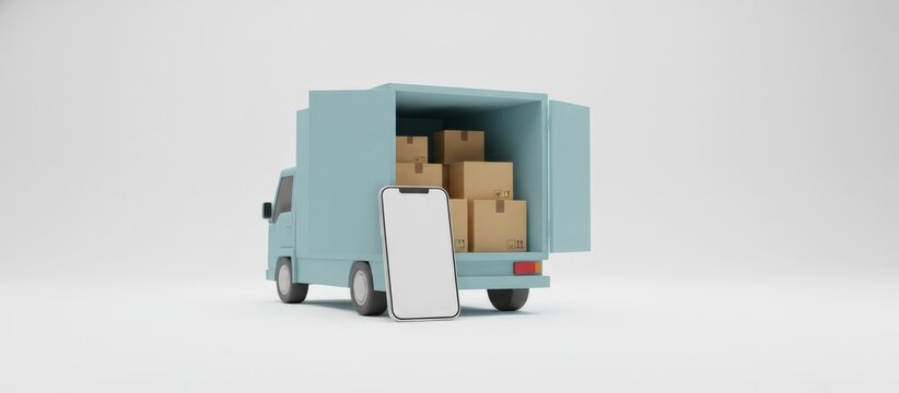 Blue delivery truck with its back doors open, revealing many cardboard boxes inside, with a blank smartphone mock up leaning against it, symbolizing mobile e commerce and fast package shipping