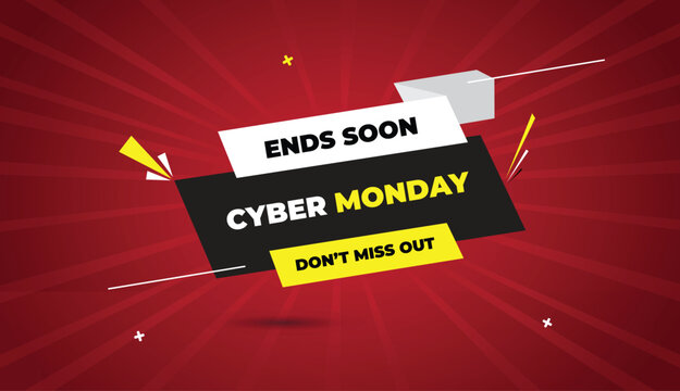 Cyber Monday web banner design vector template art badge icon label bold text black gray yellow white shapes abstract business background ends soon light sun shine dont miss out