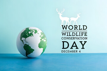 Stylized globe with green continents and white deer beside bold text for World Wildlife Conservation Day, promoting biodiversity and protection on December 4. generative ai