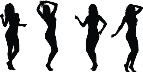 Silhouette of expressive human figures in dynamic dance poses, isolated on white background, motion, gesture, body language, art
