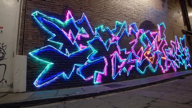 neon graffiti mural glowing in alley, vibrant blue and pink light trails tracing angular shapes across brick wall, wet pavement reflections, moody nocturnal atmosphere, distant lamplight, vaporwave