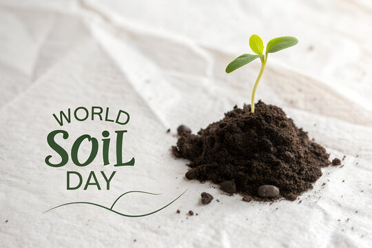 Green seedling emerging from dark soil on white surface with “World Soil Day” text, promoting soil health and sustainable care on December 5. generative ai