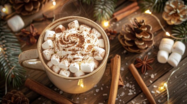 Cozy Top-Down View of Hot Chocolate with Whipped Cream and Marshmallows