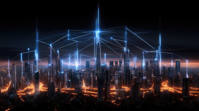 Bangkok's business district enhanced by digital graphs demonstrating advancements in urban technology