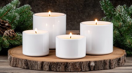 Four white advent candles rest on a wooden background, with one candle lit among Christmas tree branches and pinecones, creating a cozy atmosphere