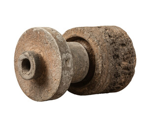 Old rusty metal bolt and nut isolated on a white background, a heavy industrial steel construction tool