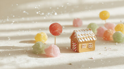 gingerbread house with virtual projections of sweets set against perfectly white canvas