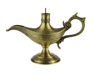Ancient Antique brass or gold genie magic oil lamp isolated