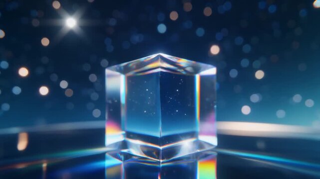 Perfect for tech, science, or futuristic themes, this crystal cube stands out against a dreamy, ethereal bokeh backdrop with stars.