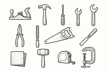 Obraz premium Clamp measuring icon pliers tool vector hand wrench file mallet saw plane