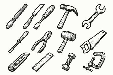 Naklejka premium Wrench metal utility icon screwdriver knife mallet tool ruler clamp hand vector