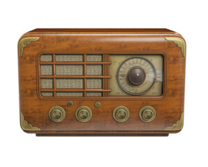 Classic brown wooden vintage radio receiver isolated on white for retro music and sound technology