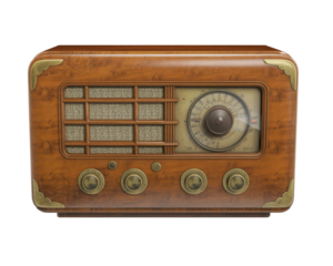 Classic brown wooden vintage radio receiver isolated on white for retro music and sound technology