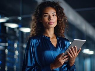Successful businesswoman in elegant blue shirt holding a tablet computer. Professional corporate leadership.