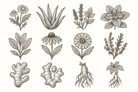 Medicinal calendula ginger icon sage turmeric ginseng aloe echinacea root plant icons