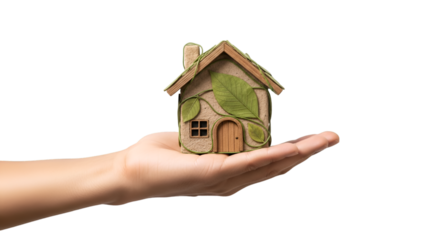 A hand offering a small eco-friendly green house model with leaf design, isolated