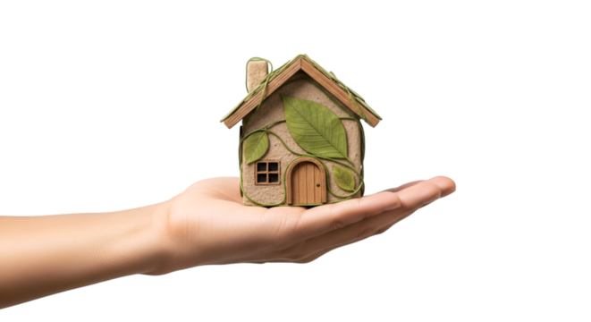 A hand offering a small eco-friendly green house model with leaf design, isolated - Powered by Adobe