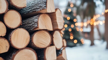 A neatly arranged pile of cut firewood showcases sharp edges and detailed textures, illuminated by gentle lighting to enhance its beauty