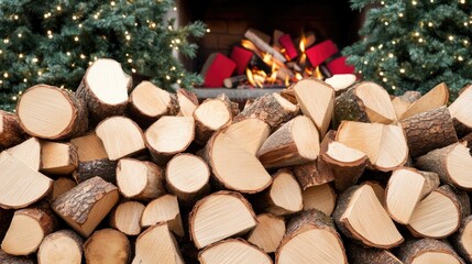 A neatly arranged pile of cut firewood showcases sharp edges and detailed textures, illuminated by gentle lighting to enhance its beauty