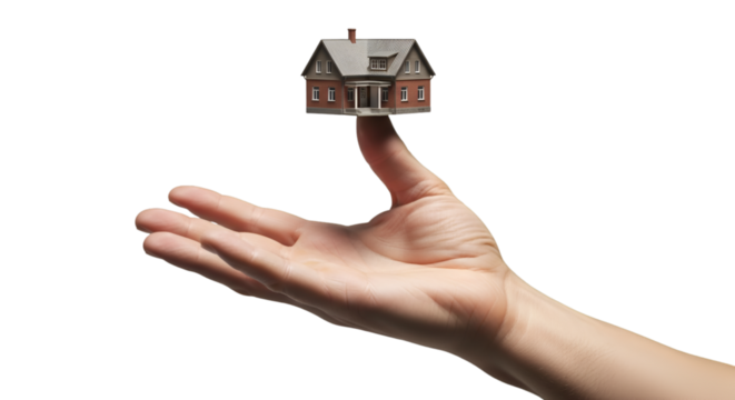 A hand balancing a miniature house on fingertips, isolated on white background — symbolizing stability, balance, and property control.