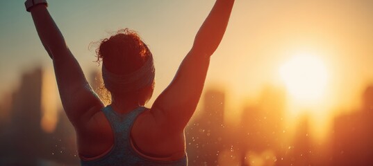 Curvy Woman Celebrating Post-Run Success at Sunrise with City Skyline