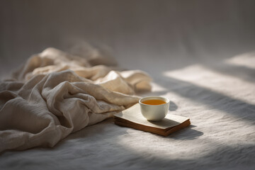 serene morning scene featuring cozy book with bookmark resting on soft linen fabric cup of steaming tea nearby