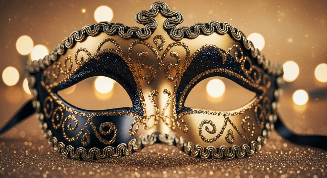 New year party mask with golden decoration on blurred lights background, adding festive touch. Celebration new year party mask for masquerade ball.