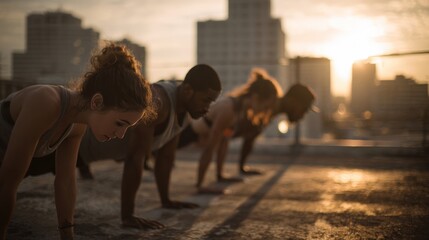 Group of Friends Doing Synchronized Burpees on Rooftop at Golden Hour