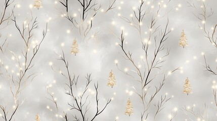 A seamless pattern featuring reflective gold foil pine trees and snowflakes creates an elegant holiday atmosphere with a soft gray backdrop SEAMLESS PATTERN