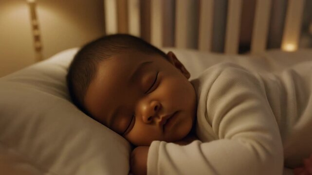 Baby sleeping under a glowing lamp in a crib. Ideal for parenting blogs, infant care resources, nursery decor advertisements, and baby product promotions.