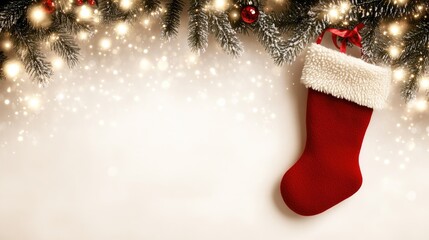 A warm red felt Christmas stocking hangs from a tree branch, surrounded by bright, blurred bokeh lights on a white background