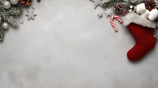 A cheerful red Christmas stocking sits amid a serene snowy backdrop, adorned with candy canes and marshmallows and sparkling bokeh lights - Powered by Adobe