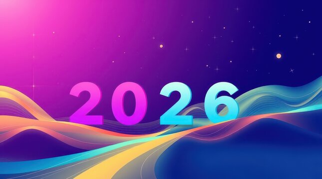 New Year neon inscription texture background abstraction 2026 geometry wave paint